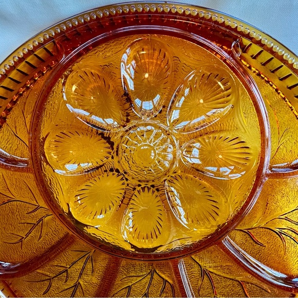 Egg Plate Relish Plate Round Amber Pebble Leaf by Indiana Glass VTG Discontinued - Picture 2 of 11